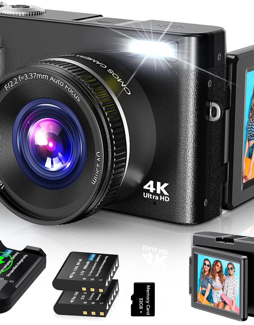 4K Digital Camera for Photography Autofocus, 2024 Latest 48MP Vlogging Camera for YouTube with SD Card, 2 Batteries, 3" 180°Flip Screen Compact Travel Camera for Teens with 16X Zoom, Anti-Shake,Black