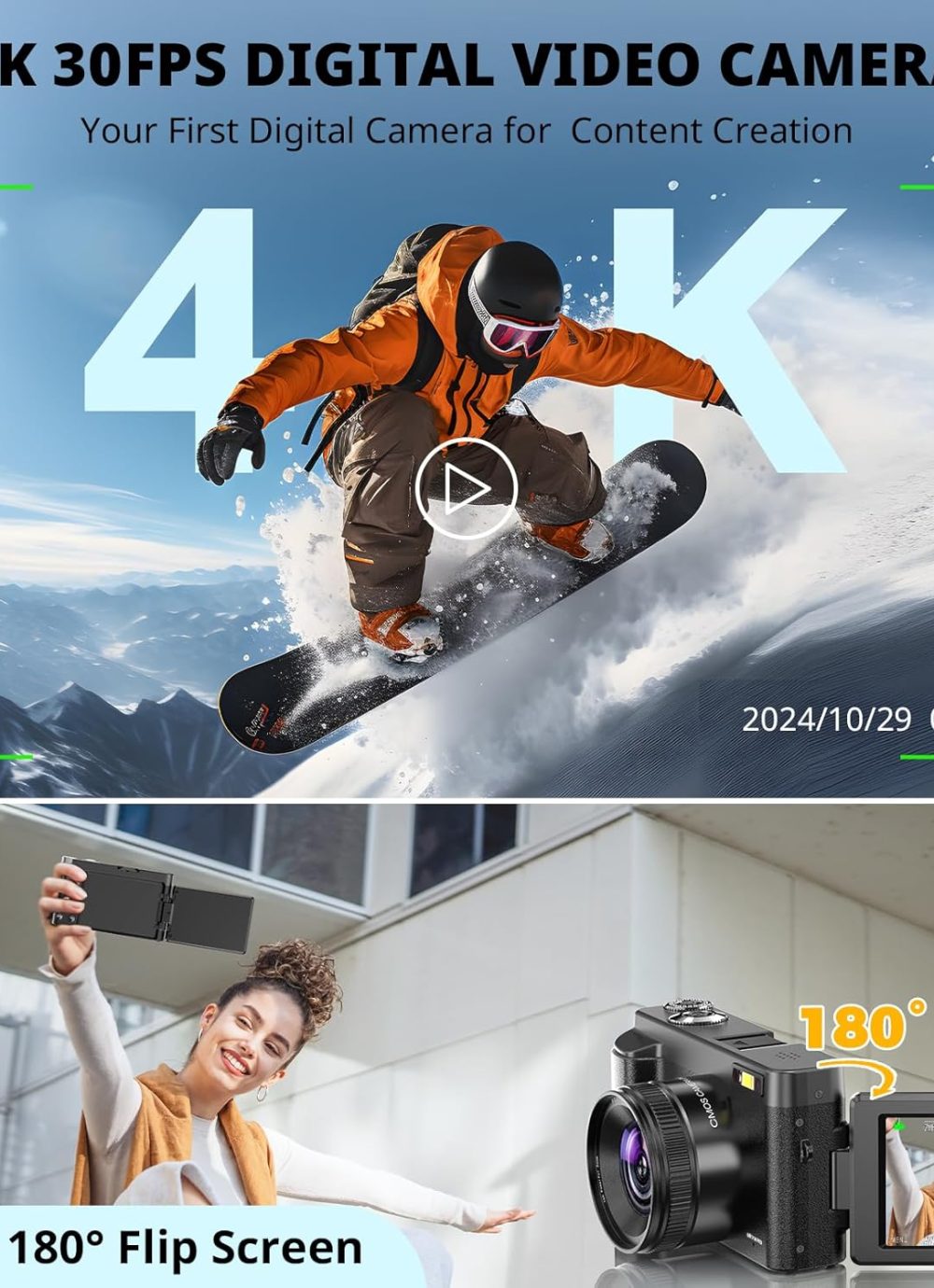 4K Digital Camera for Photography Autofocus, 2024 Latest 48MP Vlogging Camera for YouTube with SD Card, 2 Batteries, 3" 180°Flip Screen Compact Travel Camera for Teens with 16X Zoom, Anti-Shake,Black - Image 2