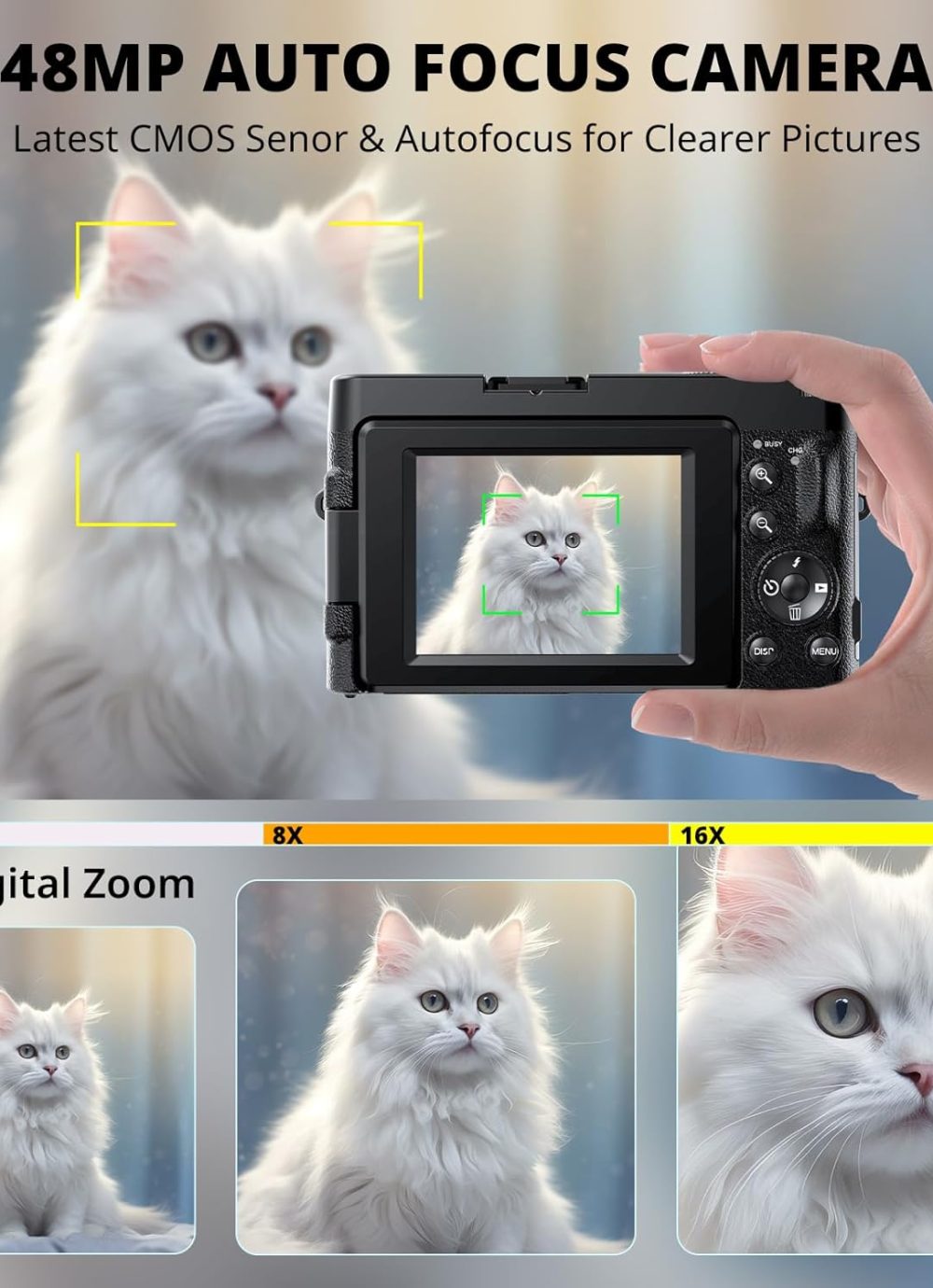 4K Digital Camera for Photography Autofocus, 2024 Latest 48MP Vlogging Camera for YouTube with SD Card, 2 Batteries, 3" 180°Flip Screen Compact Travel Camera for Teens with 16X Zoom, Anti-Shake,Black - Image 3