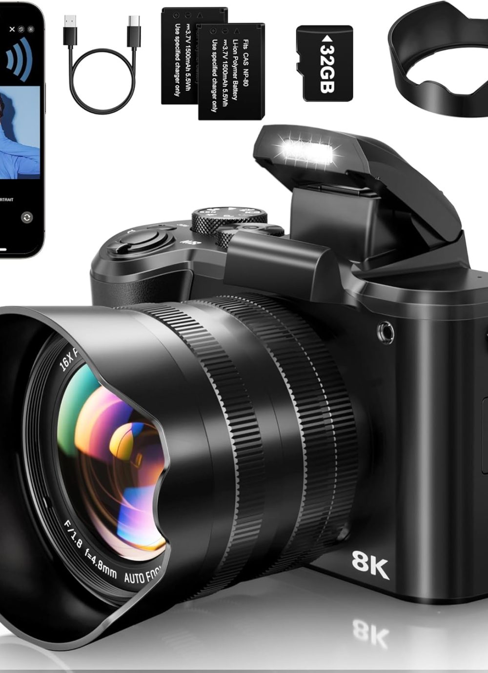 8K Digital Cameras for Photography - Autofocus 88MP WiFi Vlogging Camera for YouTube with Dual-Lens - 16X Digital Zoom Vlog Camera with Lens Hood, Flash, Touch Screen, 2 Batteries, 32GB TF Card