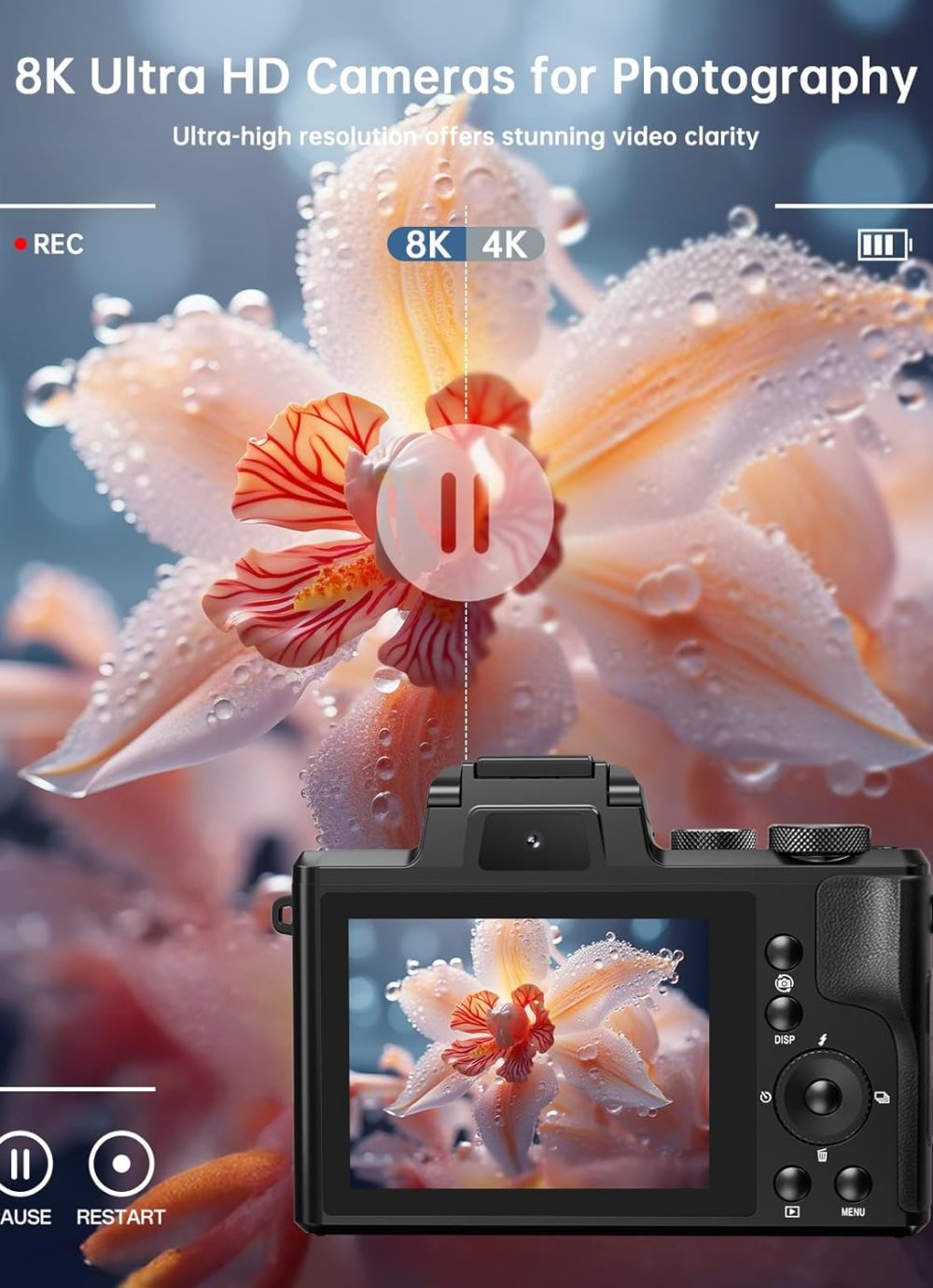 8K Digital Cameras for Photography - Autofocus 88MP WiFi Vlogging Camera for YouTube with Dual-Lens - 16X Digital Zoom Vlog Camera with Lens Hood, Flash, Touch Screen, 2 Batteries, 32GB TF Card - Image 2