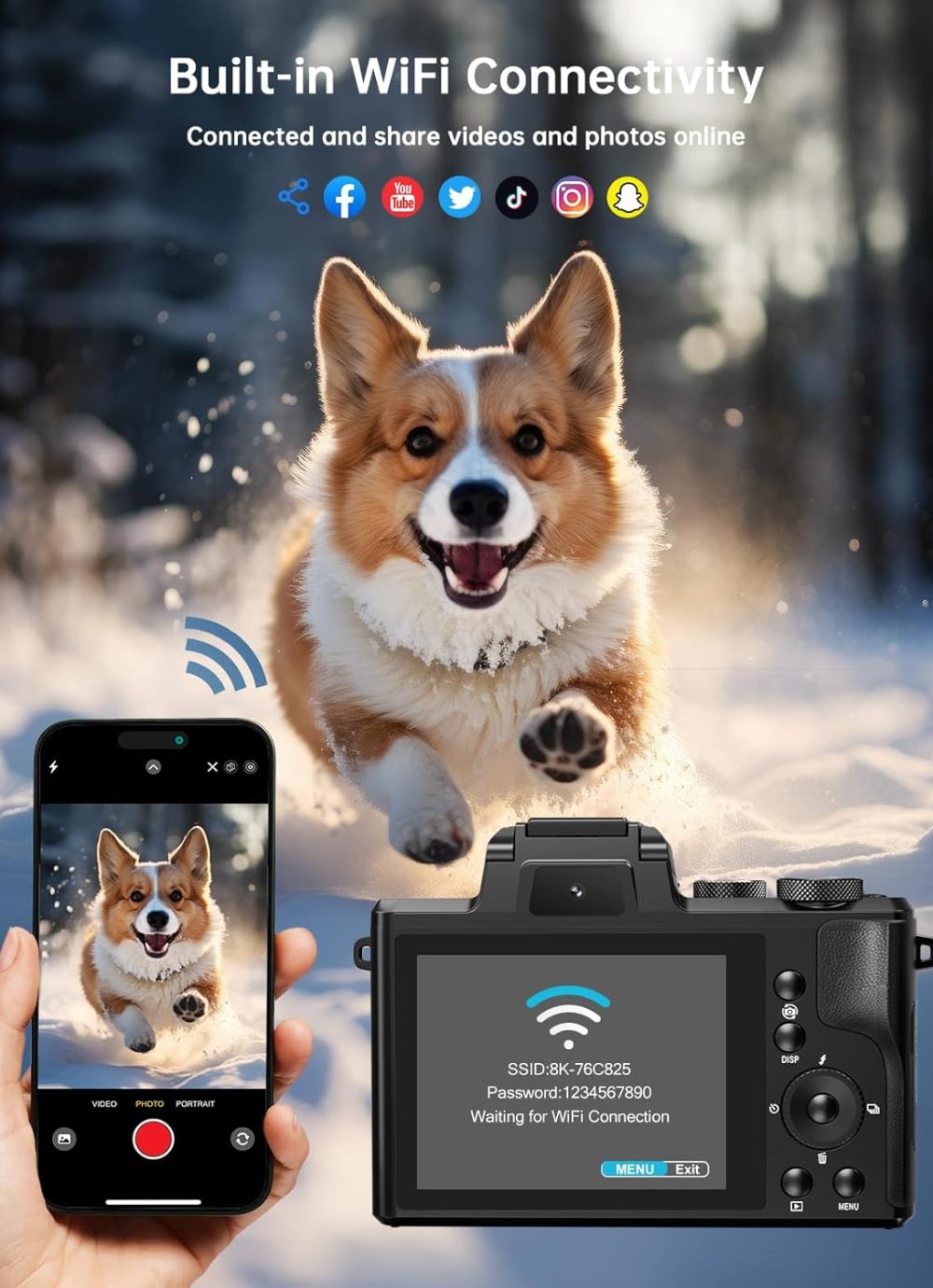 8K Digital Cameras for Photography - Autofocus 88MP WiFi Vlogging Camera for YouTube with Dual-Lens - 16X Digital Zoom Vlog Camera with Lens Hood, Flash, Touch Screen, 2 Batteries, 32GB TF Card - Image 5