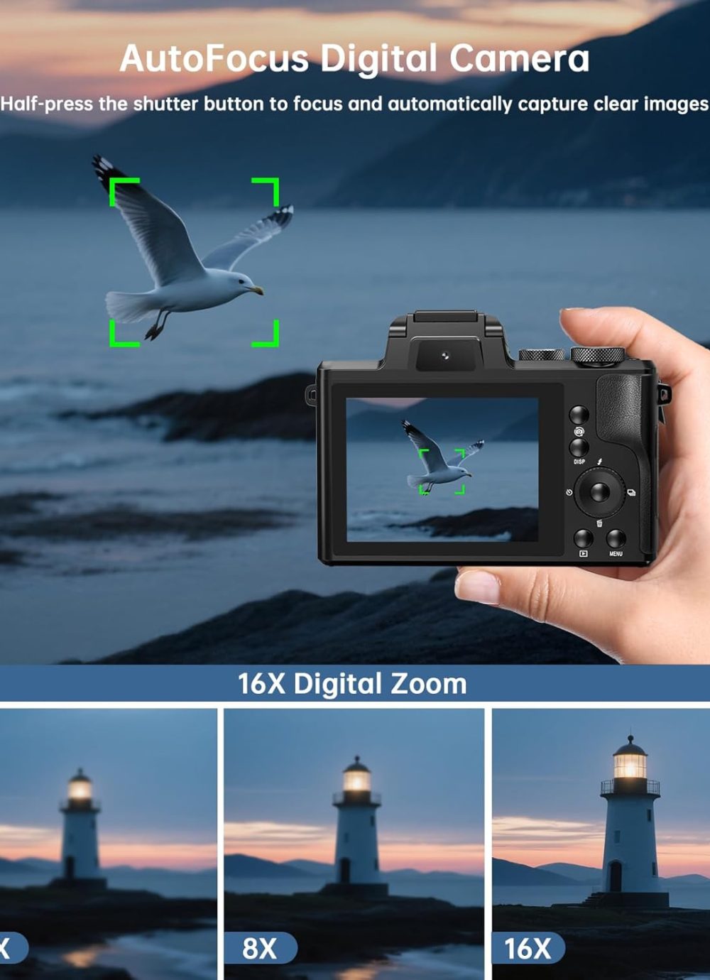 8K Digital Cameras for Photography - Autofocus 88MP WiFi Vlogging Camera for YouTube with Dual-Lens - 16X Digital Zoom Vlog Camera with Lens Hood, Flash, Touch Screen, 2 Batteries, 32GB TF Card - Image 6