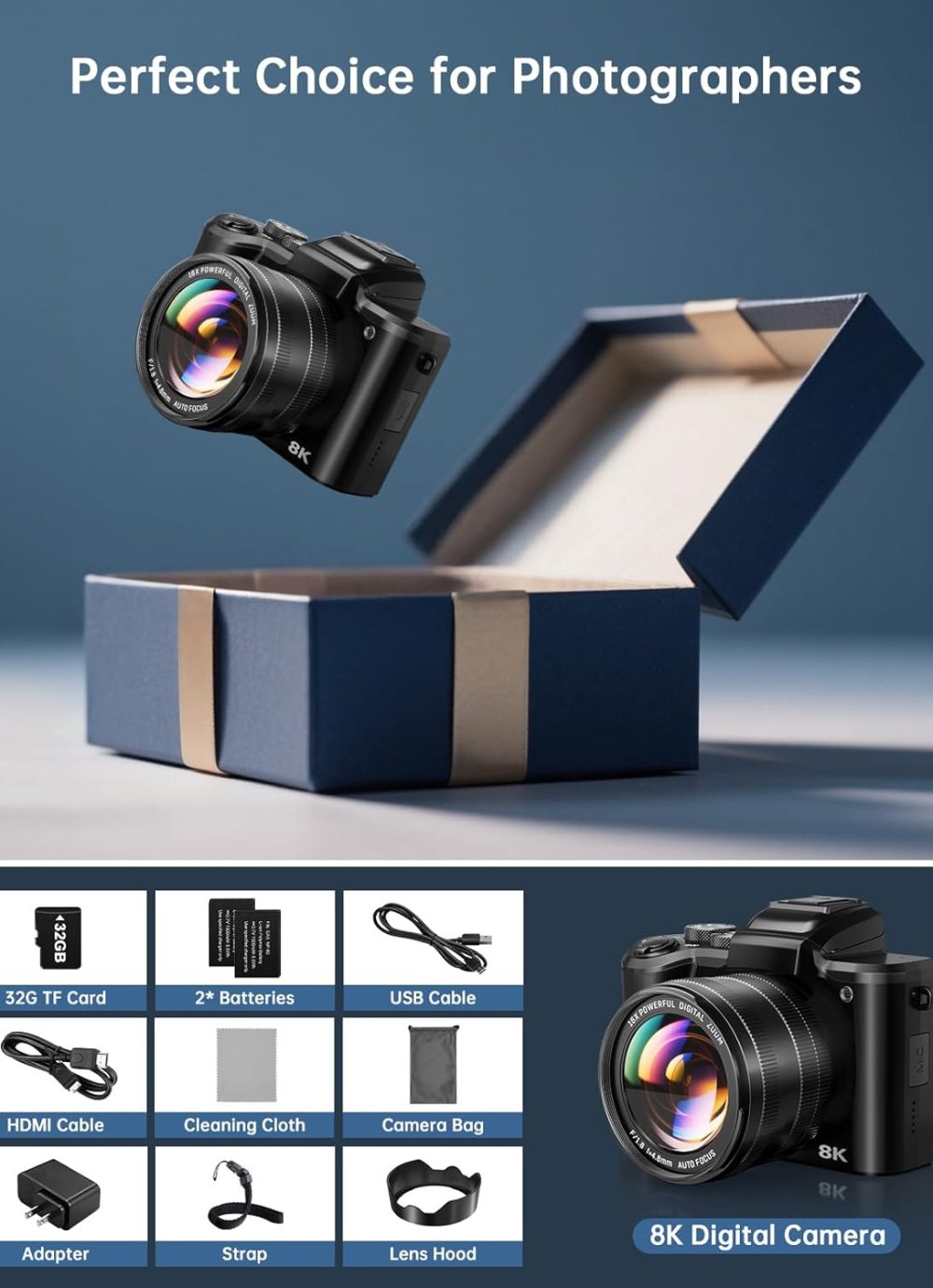 8K Digital Cameras for Photography - Autofocus 88MP WiFi Vlogging Camera for YouTube with Dual-Lens - 16X Digital Zoom Vlog Camera with Lens Hood, Flash, Touch Screen, 2 Batteries, 32GB TF Card - Image 8