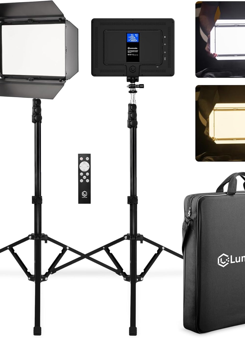 Lume Cube Studio Panel 2-Point Lighting Kit | Edge Lit LED Bicolor Light Panels 3200k - 5600k | Rechargeable Lithium Battery, Adjustable Color, Brightness, 70" Stands, Wireless Remote Included