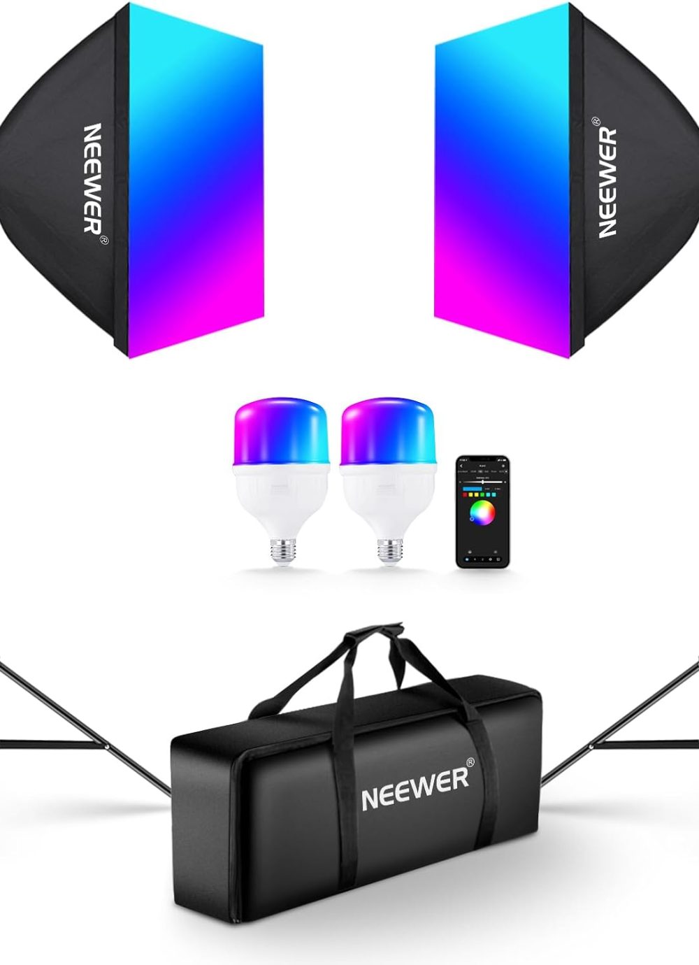 NEEWER RGB Softbox Lighting Kit with App Control & 9 Effect Modes, 2 Pack 26W FCC/IC/UL Certified LED Bulbs CRI93+ TLCI98+, E26 Porcelain Sockets, 24" Softboxes, for Studio Photography Lighting, NK800