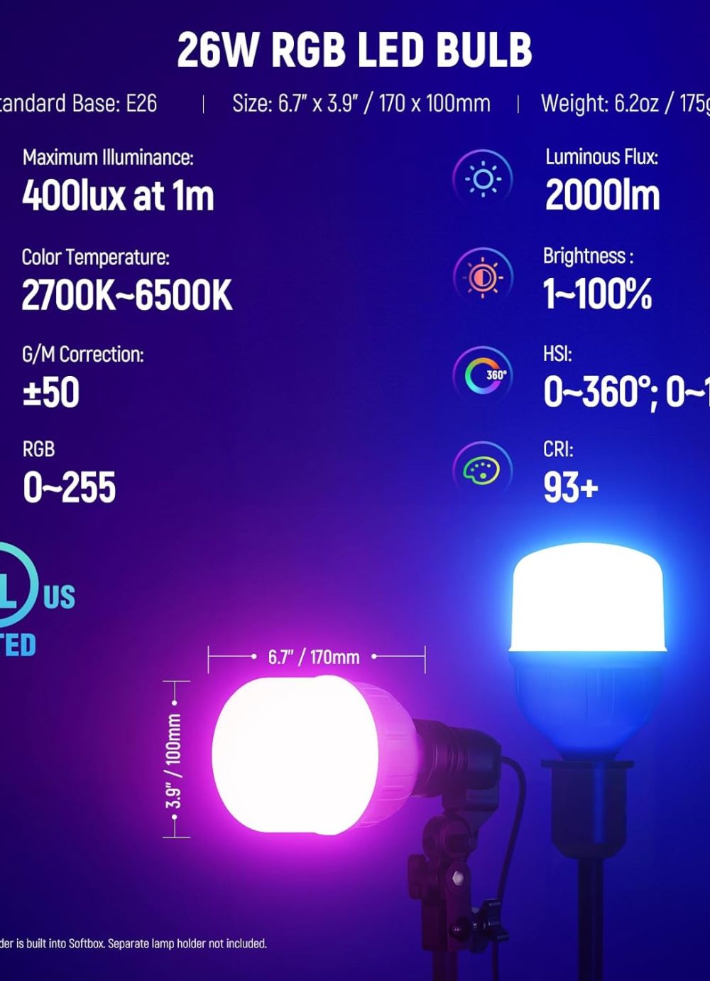 NEEWER RGB Softbox Lighting Kit with App Control & 9 Effect Modes, 2 Pack 26W FCC/IC/UL Certified LED Bulbs CRI93+ TLCI98+, E26 Porcelain Sockets, 24" Softboxes, for Studio Photography Lighting, NK800 - Image 2