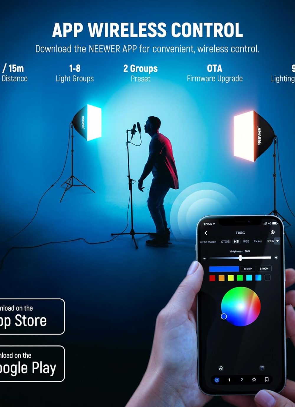 NEEWER RGB Softbox Lighting Kit with App Control & 9 Effect Modes, 2 Pack 26W FCC/IC/UL Certified LED Bulbs CRI93+ TLCI98+, E26 Porcelain Sockets, 24" Softboxes, for Studio Photography Lighting, NK800 - Image 3