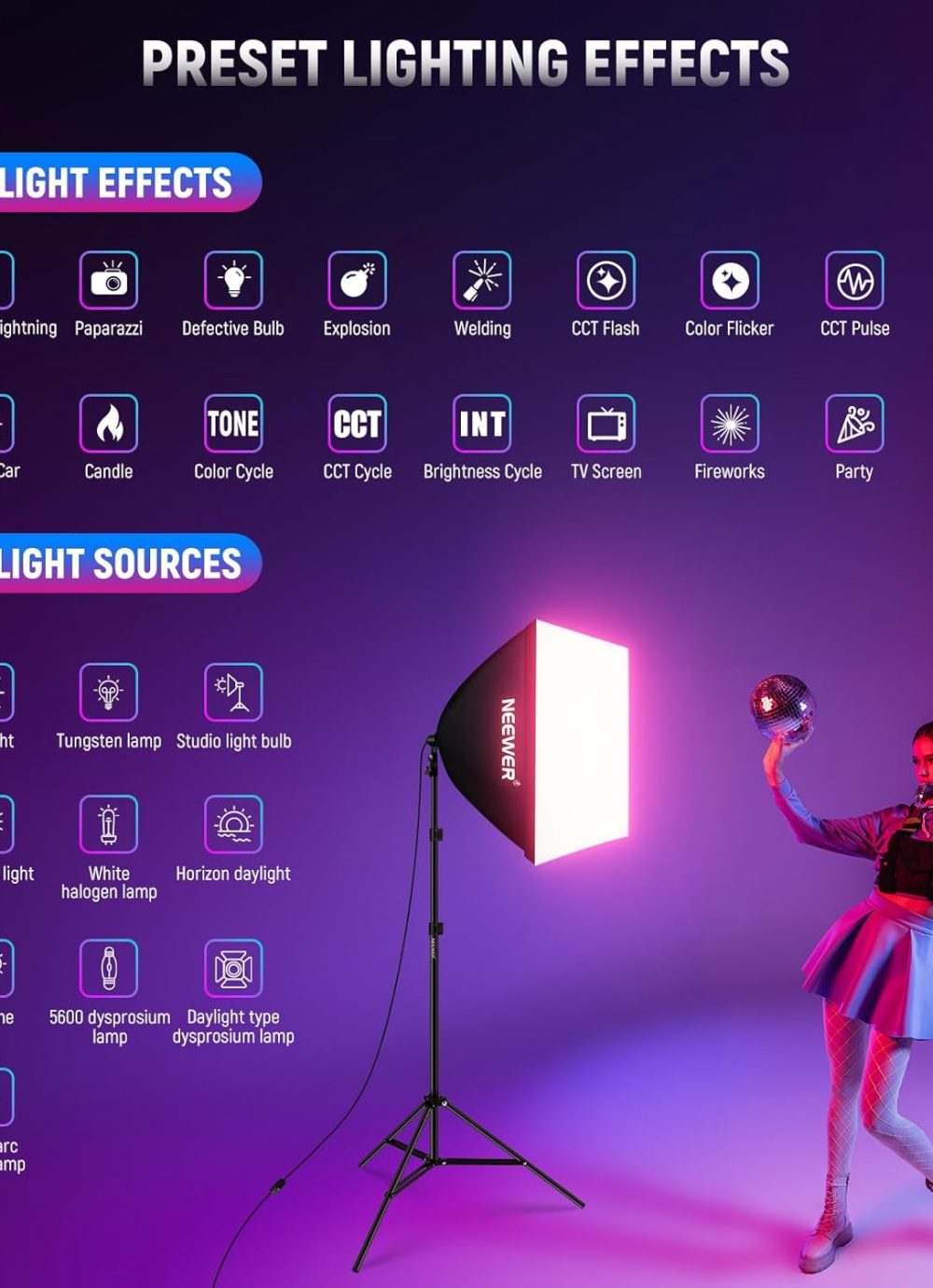 NEEWER RGB Softbox Lighting Kit with App Control & 9 Effect Modes, 2 Pack 26W FCC/IC/UL Certified LED Bulbs CRI93+ TLCI98+, E26 Porcelain Sockets, 24" Softboxes, for Studio Photography Lighting, NK800 - Image 6