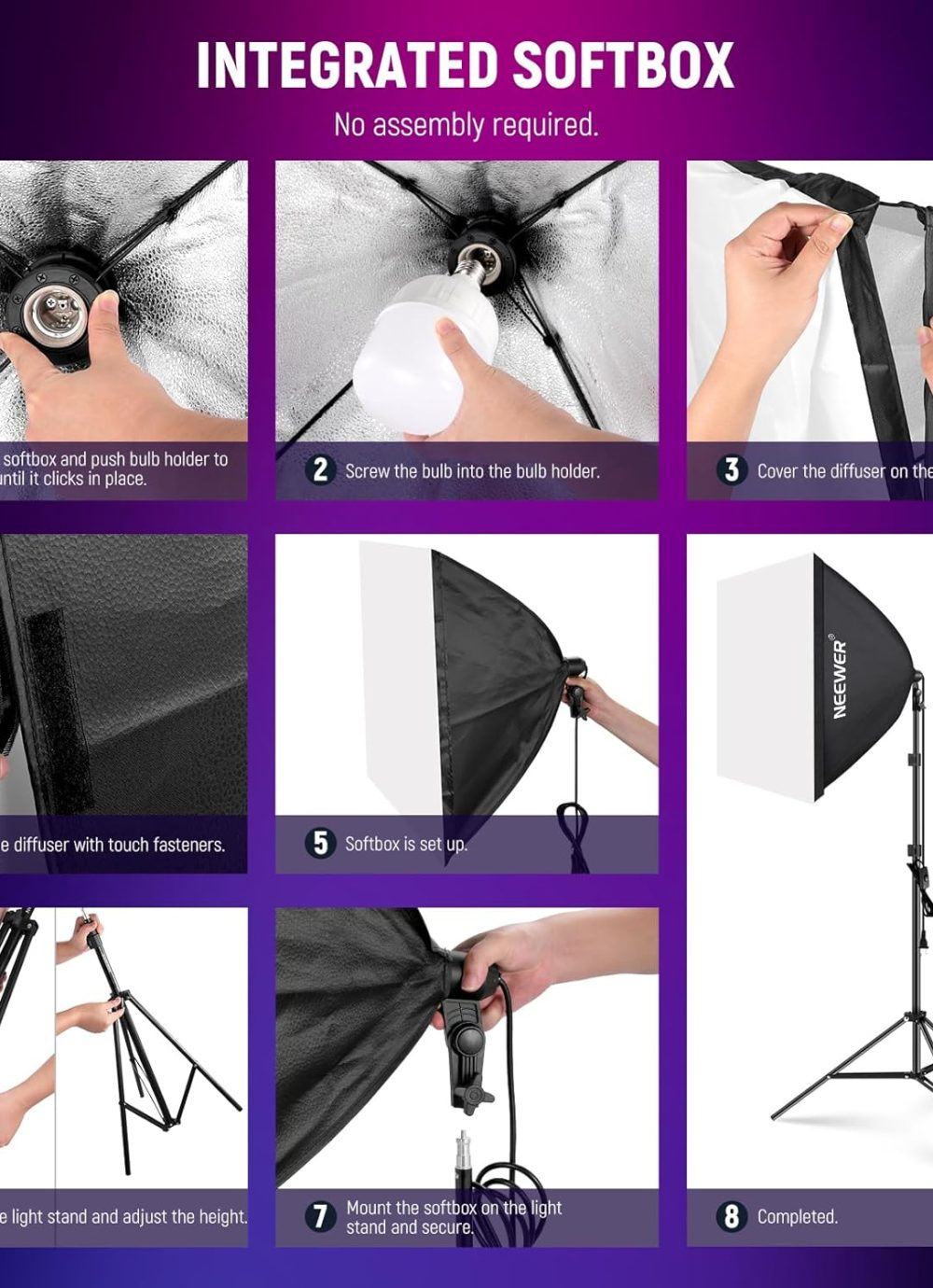 NEEWER RGB Softbox Lighting Kit with App Control & 9 Effect Modes, 2 Pack 26W FCC/IC/UL Certified LED Bulbs CRI93+ TLCI98+, E26 Porcelain Sockets, 24" Softboxes, for Studio Photography Lighting, NK800 - Image 8