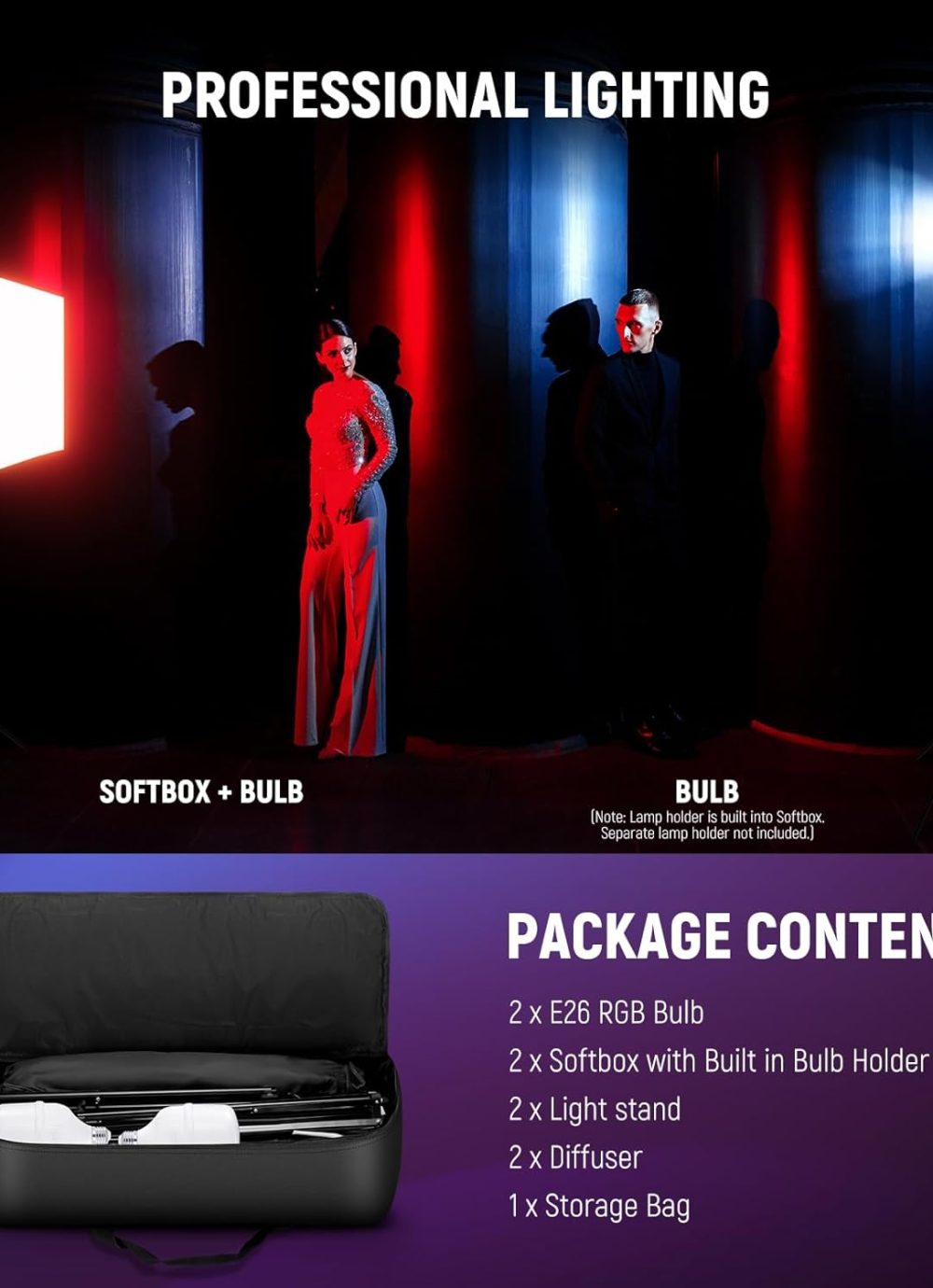 NEEWER RGB Softbox Lighting Kit with App Control & 9 Effect Modes, 2 Pack 26W FCC/IC/UL Certified LED Bulbs CRI93+ TLCI98+, E26 Porcelain Sockets, 24" Softboxes, for Studio Photography Lighting, NK800 - Image 9